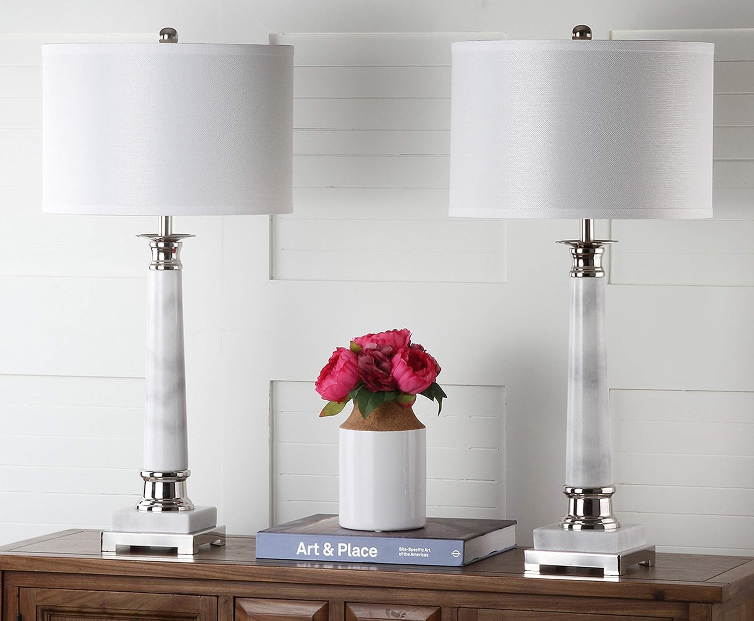 SAFAVIEH Lighting Collection Colleen Modern White Marble 31-inch Bedroom Living Room Home Office Desk Nightstand Table Lamp Set of 2 (LED Bulbs Included)