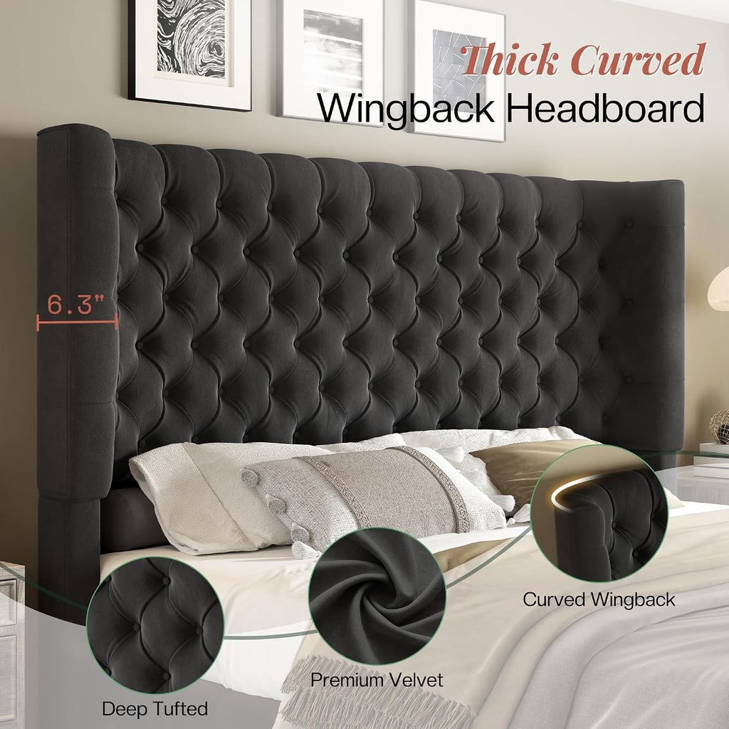 Jocisland King Size Platform Bed Frame, 6.3' Thick Upholstered Curved Wingback Headboard and Footboard with Deep Button Tufted, Easy Assembly, No Box Spring Needed, Black Velvet