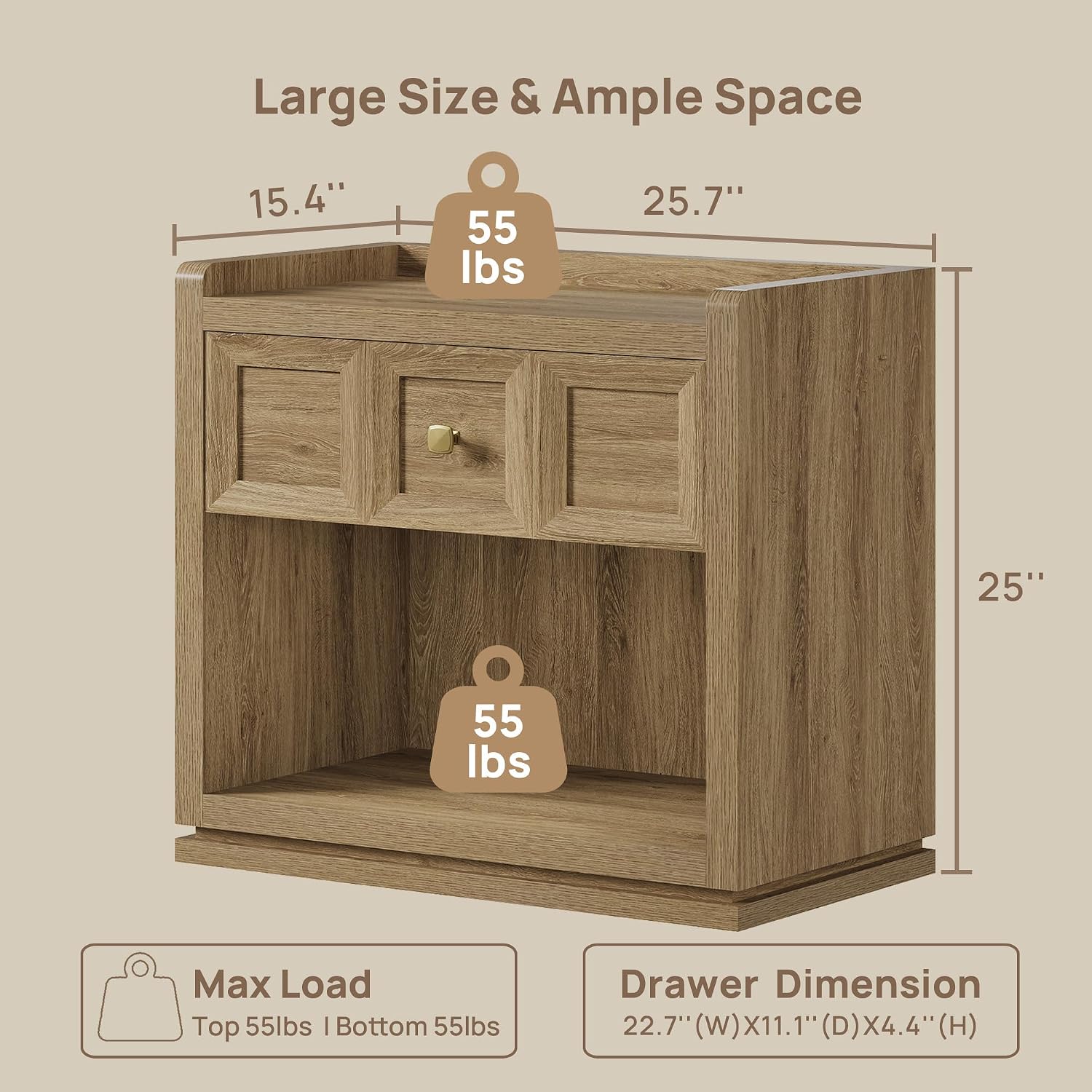 SICOTAS Night Stand Set 2, 26' Wide Nightstands with Drawer, Large Queen Size Nightstands Set of 2, Modern Bedside Table for Bedroom, Side End Table (Brown Oak, 26-Inch)