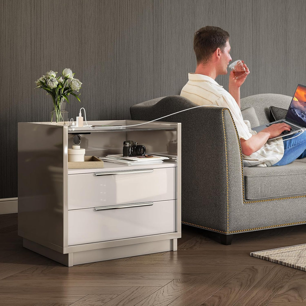AMERLIFE Nightstand Set of 2, 23.6' High Gloss End Table with Glass Tabletop, Modern Bedside Table with Charging Station, 2 Drawers Nightstand for Bedroom, Cream & Gray