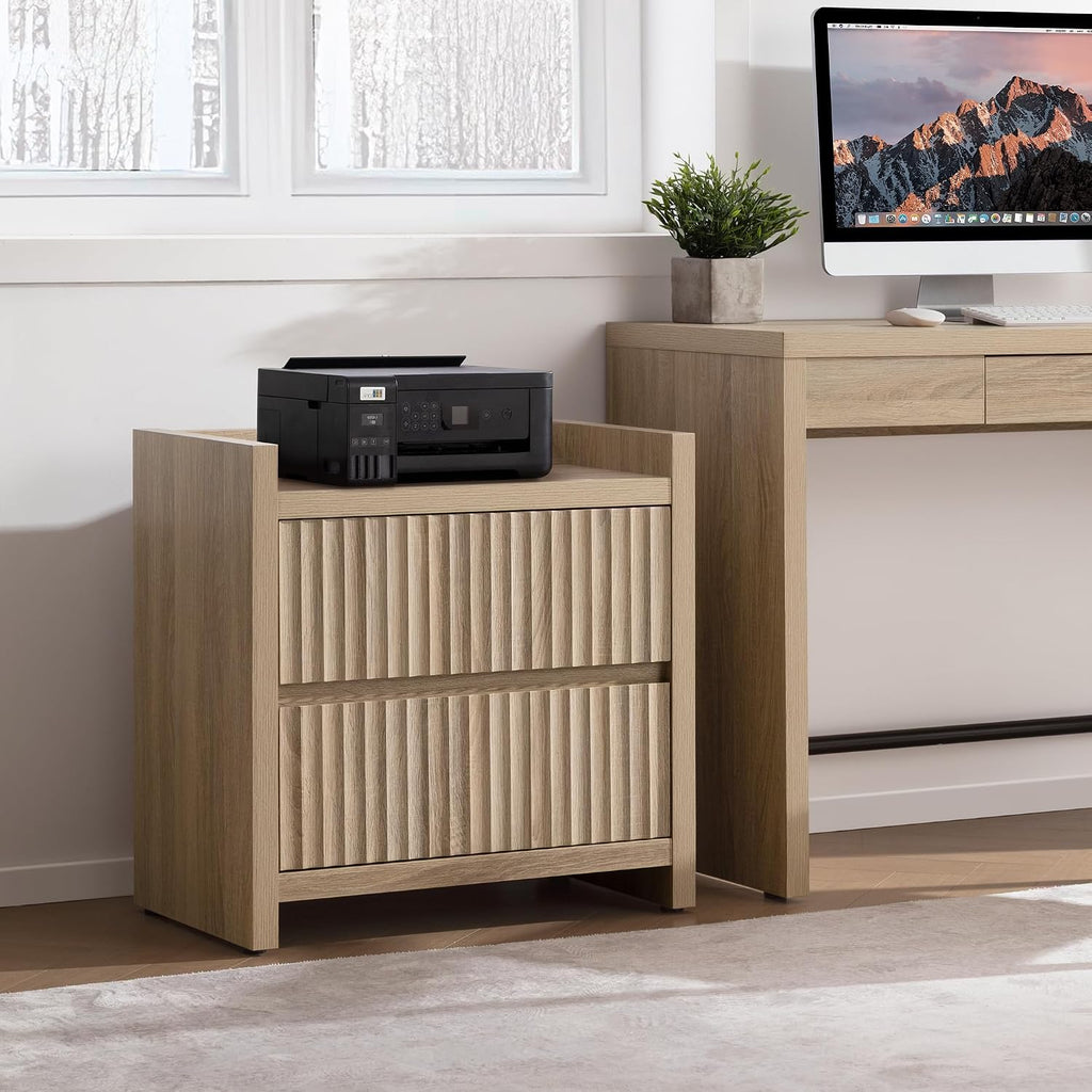 SICOTAS Night Stand Fluted Nightstands with Charging Station- Modern 2 Drawers Nightstand 25' Tall Bedside Table End Table, Large Night Stands for Bedroom, Sofa Side (Light Oak, 1 Piece)