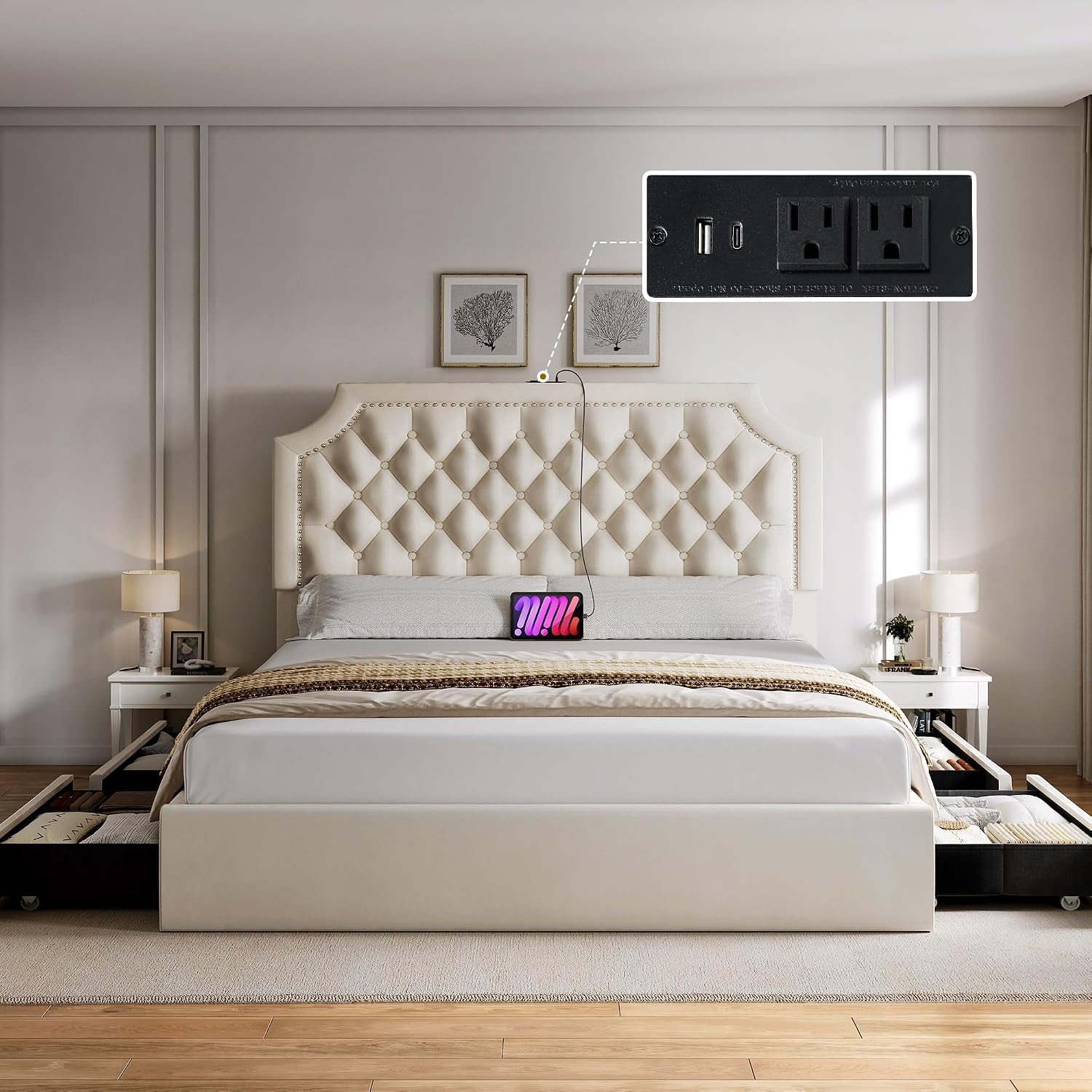 YITAHOME Full Size Bed Frame with Adjustable Headboard, 4 Storage Drawers and Charging Station, Velvet Upholstered Bed Frame with Button Tufted, No Box Spring Needed, Fast Assembly, Noise-Free, Beige