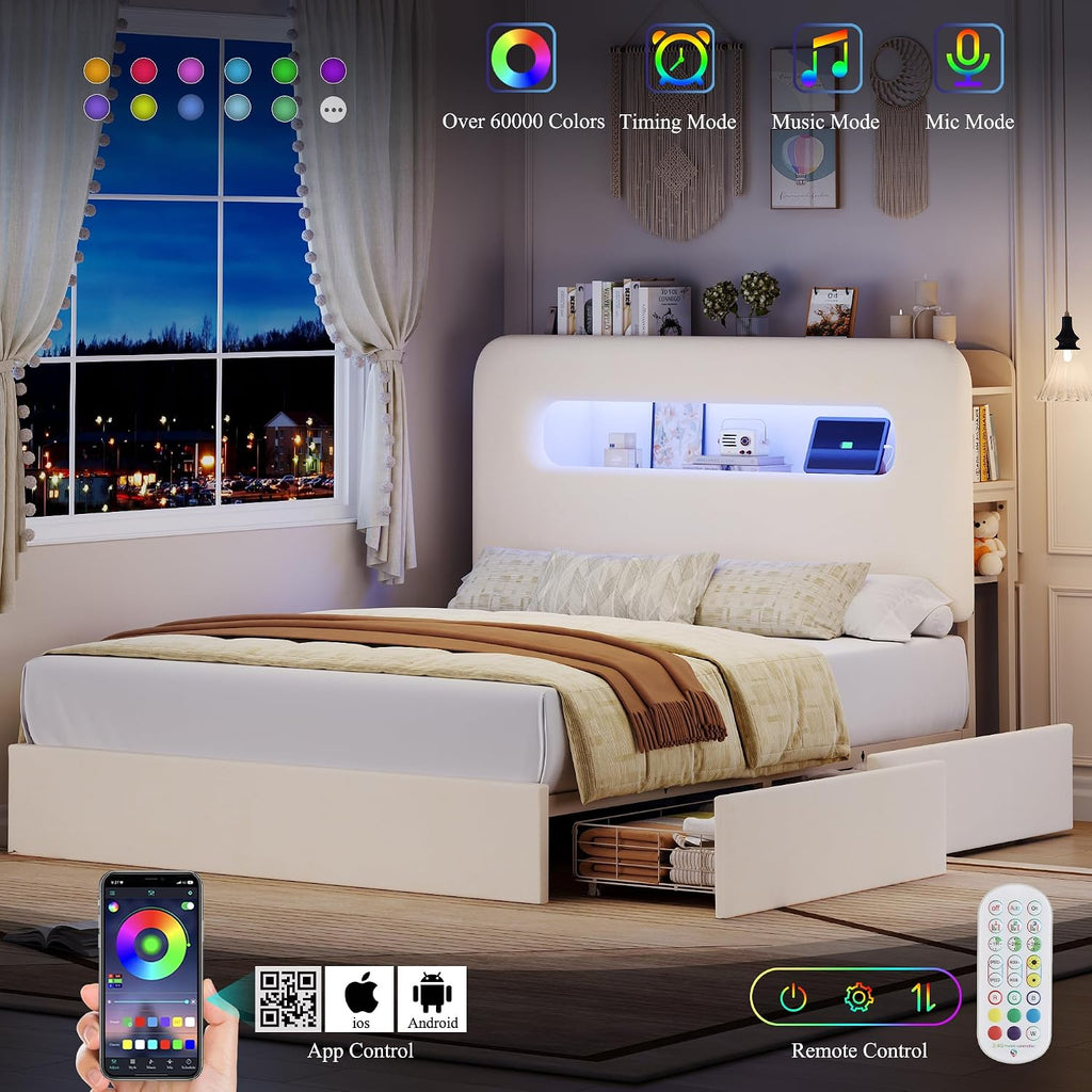 HOSTACK Full LED Bed Frame with Storage Headboard and Charging Station, Kids Bed Frame with 2 Drawers and USB Ports, Velvet Upholstered Platform Bed Frame with Bookcase, No Box Spring Needed, Cream
