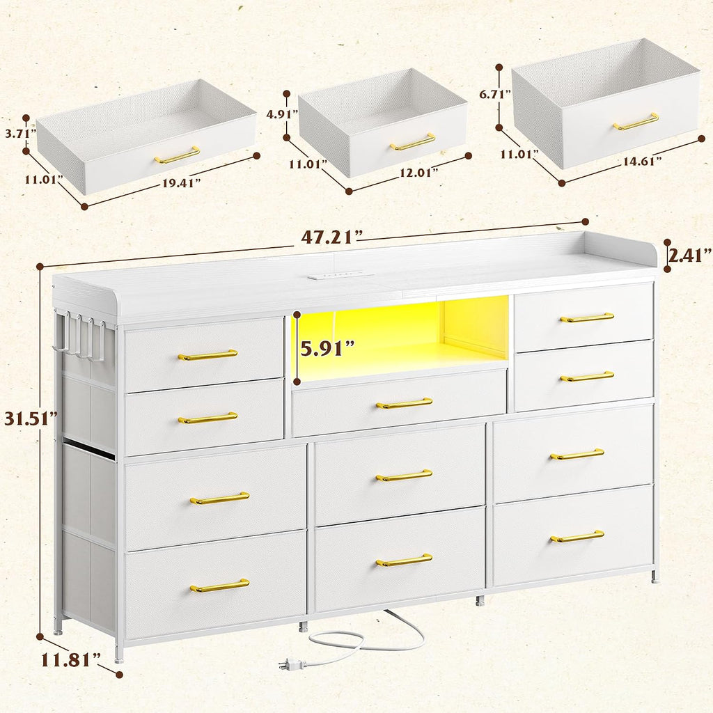 EnHomee Dresser TV Stand with 11 Drawers, 60' TV Stand with LED Lights & Power Outlets, White Dresser for Bedroom with Shelves & 5 Hooks for Dorm, Hallway