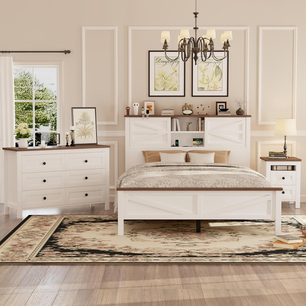 LUMISOL 3-Piece Queen Size Bedroom Set, Wood Platform Bed with Barn Door Storage Headboard & Charging Stations, Nightstand and Dresser, Farmhouse Bedroom Furniture Set, White