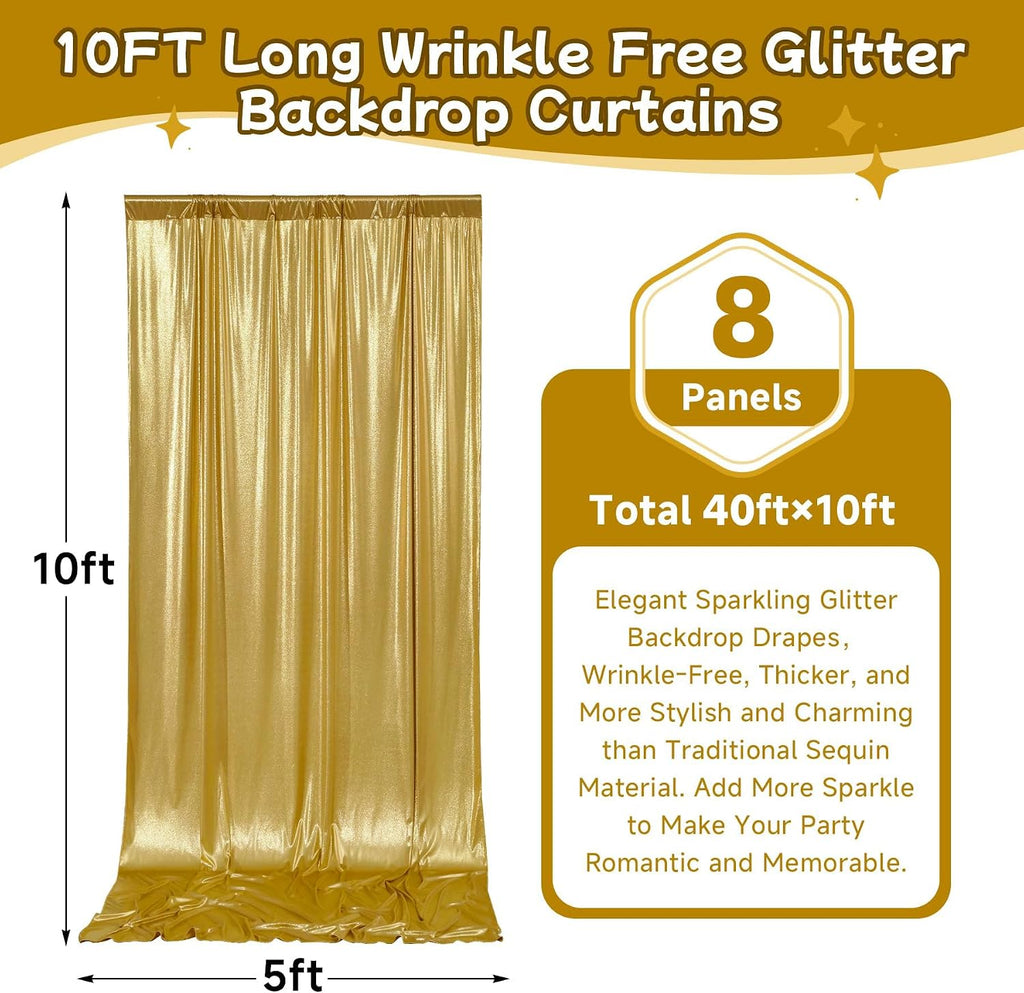 40ftx10ft Thick Gold Glitter Backdrop Curtain for Parties, Wrinkle Free Sparkling Sequin Backdrop Drapes, 8 Panels 5x10ft Shimmer Photo Back Drop Cloth for Wedding Birthday Photography Background
