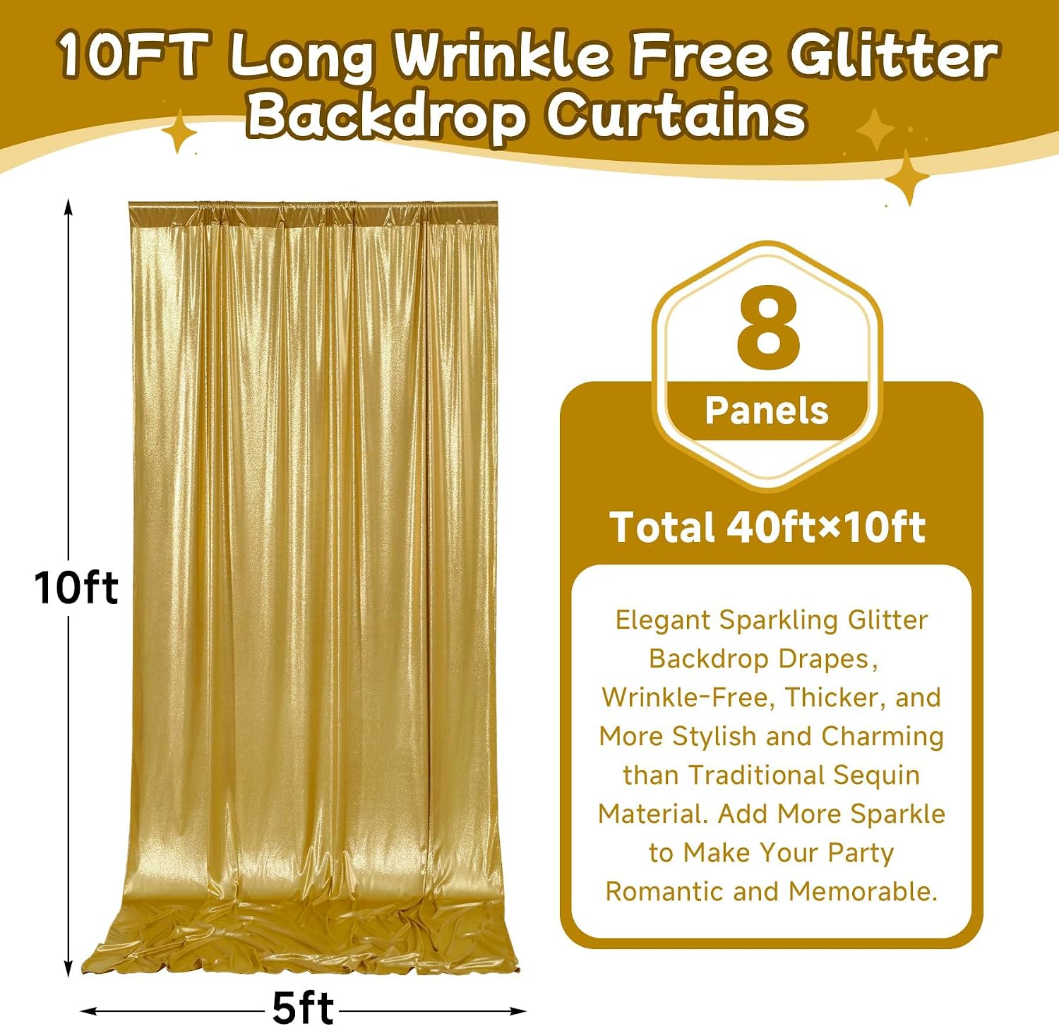 40ftx10ft Thick Gold Glitter Backdrop Curtain for Parties, Wrinkle Free Sparkling Sequin Backdrop Drapes, 8 Panels 5x10ft Shimmer Photo Back Drop Cloth for Wedding Birthday Photography Background