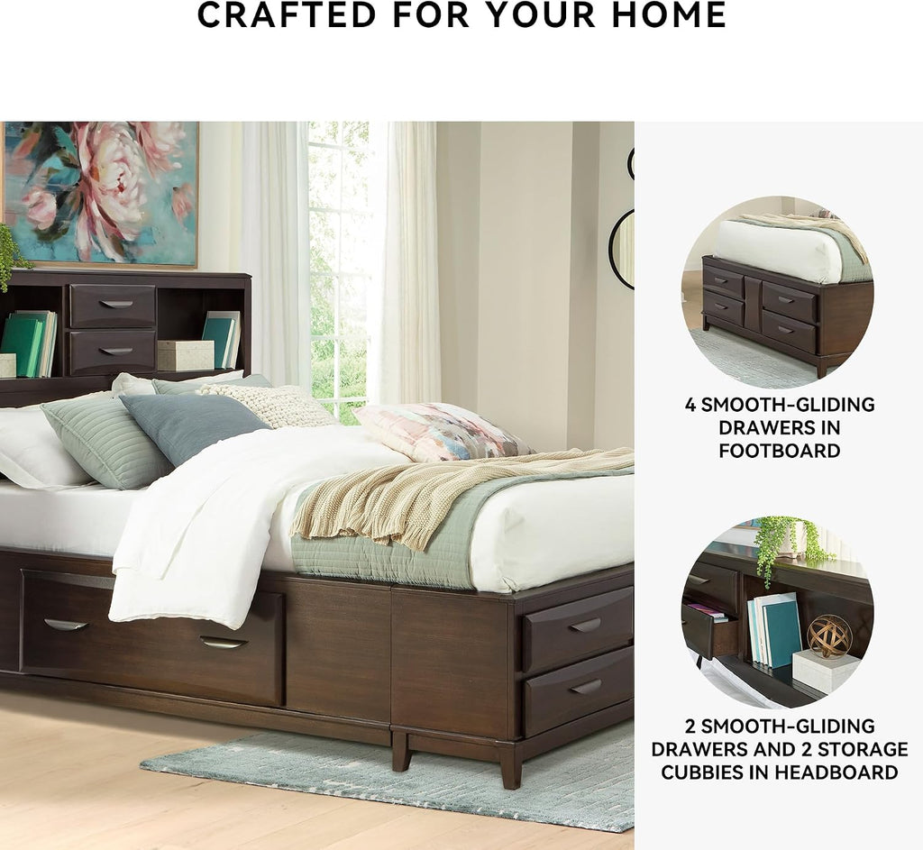Signature Design by Ashley Vanmore Series Queen Bedframe with Headboard, Storage Drawers and Headboard Cubbies, Casual Contemporary Platform Bed, Dark Brown