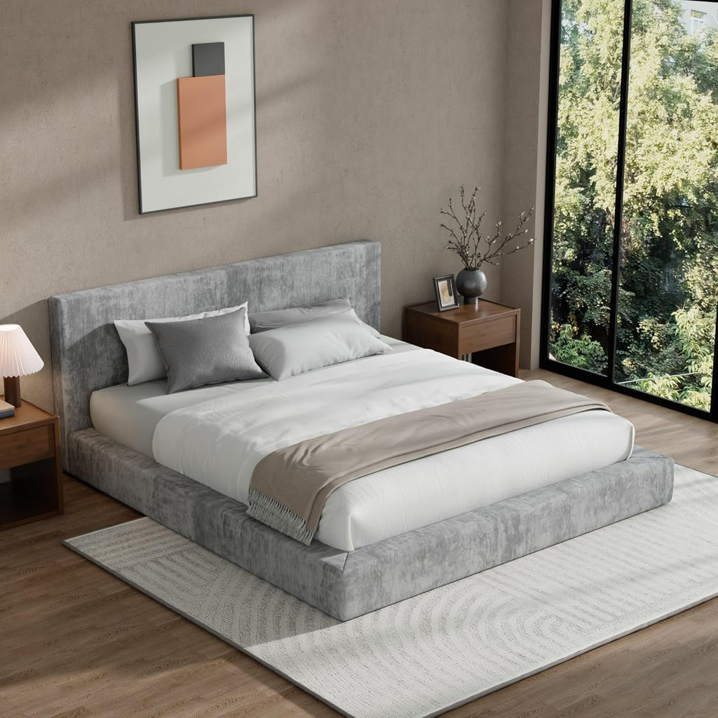 RECCI AirFrame King Size Bed Frame with Headboard, Cloud Upholstered Platform Bed Frame, 5 Inch Foam Cushioned, No Box Spring, Easy Assembly(Moon Grey)