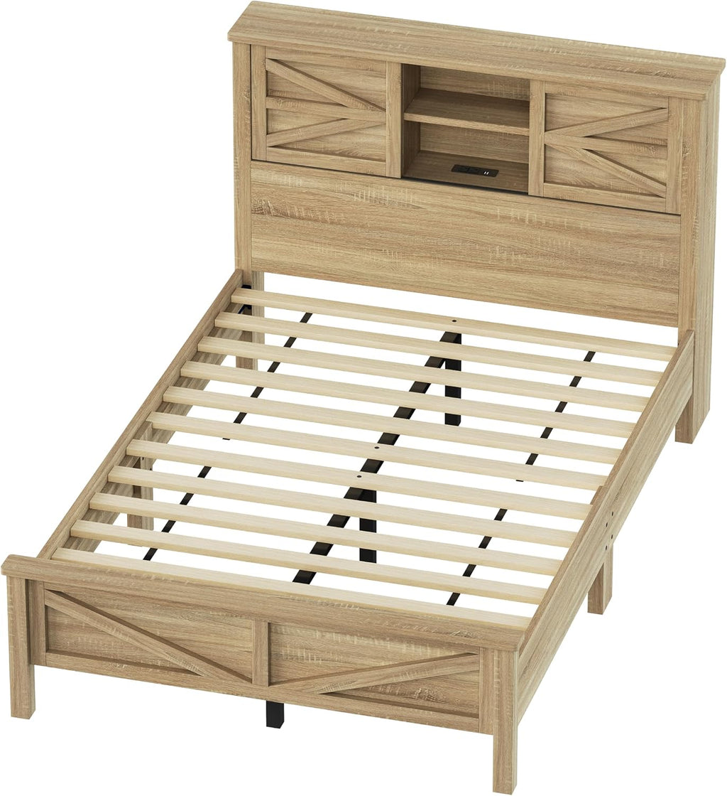 SOFTSEA 3 Pieces Farmhouse Bedroom Set, Full Size Platform Bed with a Nightstand and 6-Drawer Dresser, Wood Platform Bed with Sliding Barn Door Headboard and Charging Station, Natural