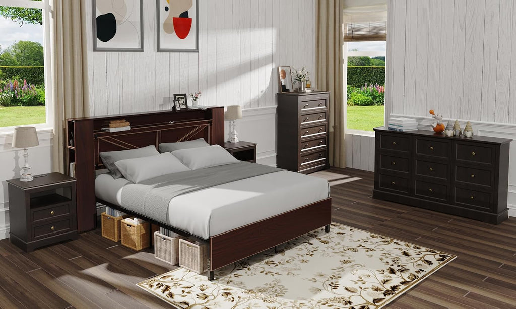 LOUVIXA Farmhouse Bedroom Sets of 4, 4Pcs Farmhouse Dresser Set，Including 9 Drawer Dresser, 5 Drawer Dressers and Nightstand Set of 2 with Charging Station (Brown Sets, 4 Pieces)