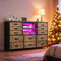 EnHomee 12 Drawers Dresser for Bedroom with LED Lights & Charging Station,TV Stand for 55/60'' TV, Fabric Dressers & Chests of Drawers with 3 Wooden Shelves for Hallway,Sturdy,Rustic Brown