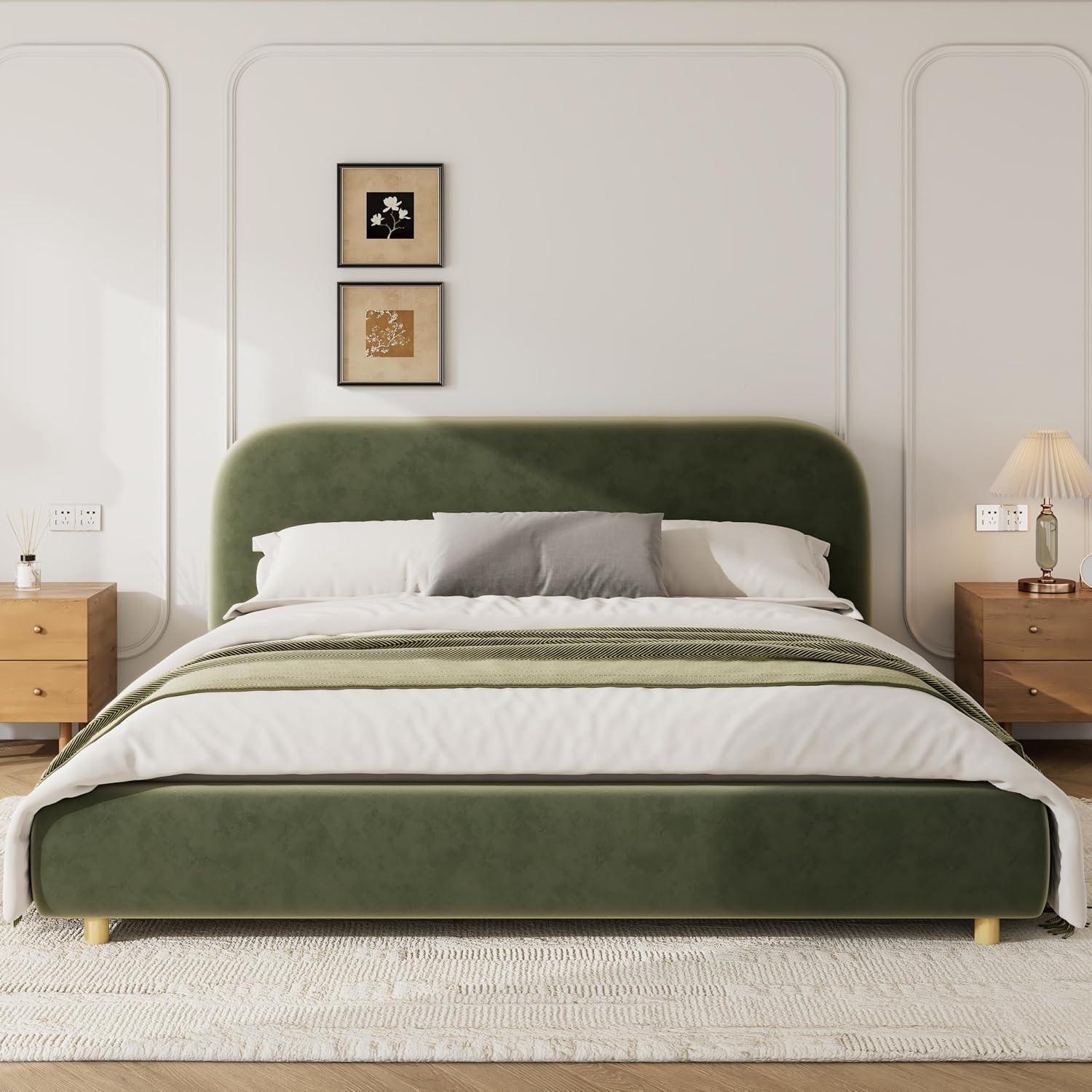 Merax King Size Teddy Fleece Thick Fabric Upholstered Platform Bed with Curved Shaped Headboard, Wood Bed Frame with Solid Round Legs for Kids Teens Adults, Olive Green