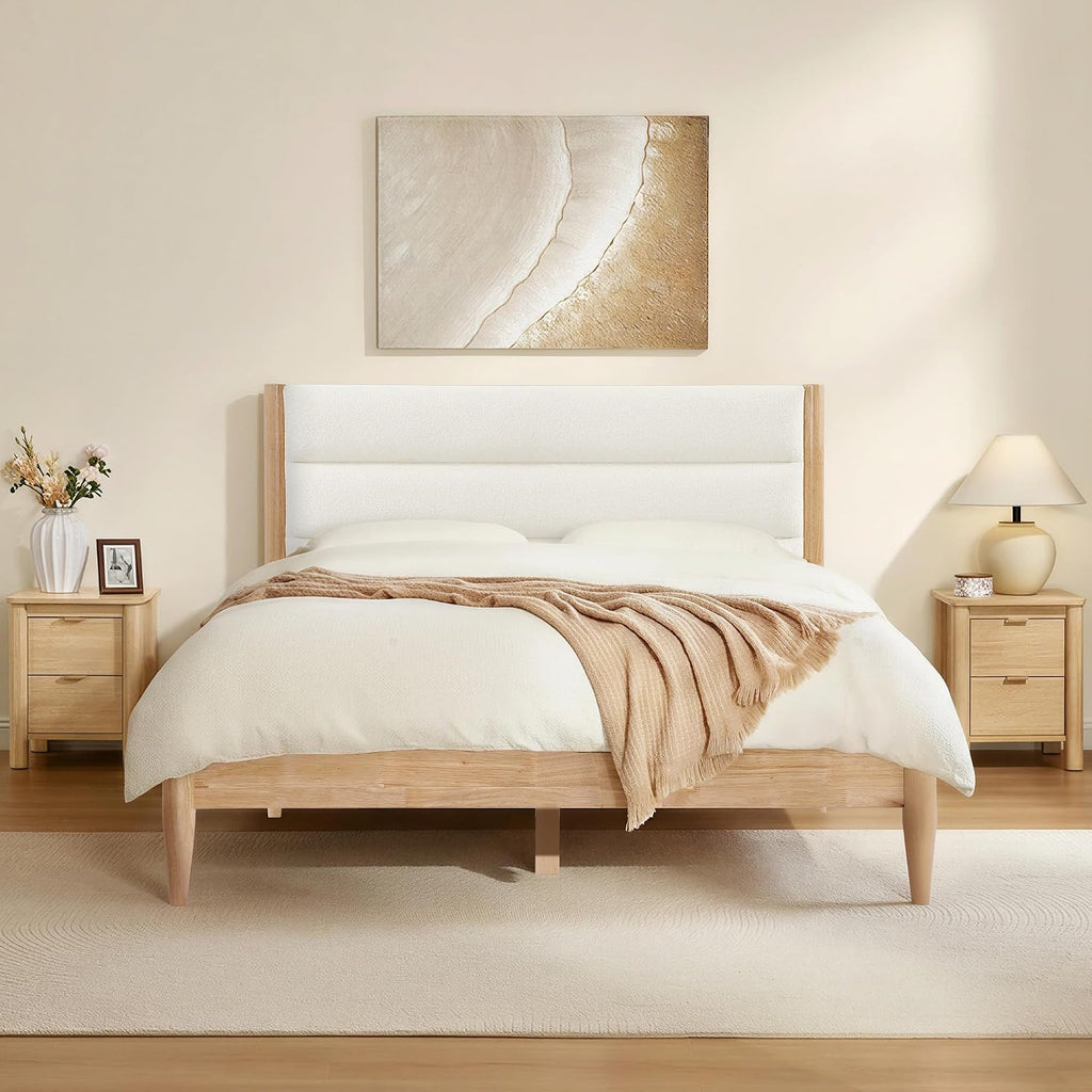 KISLOT 3 Pieces Bedroom Set, Wood Bed Frame with Upholstered Headboard & 2 Nightstands with Storage, Wooden Platform Mattress Foundation Farmhouse Bedroom Furniture Set