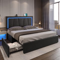 DICTAC Queen Bed Frame with Headboard and 4 Storage Drawers, Modern Faux Leather Upholstered Platform Bed Frame Queen Size with LED Lights and USB Ports, No Box Spring Needed, Black