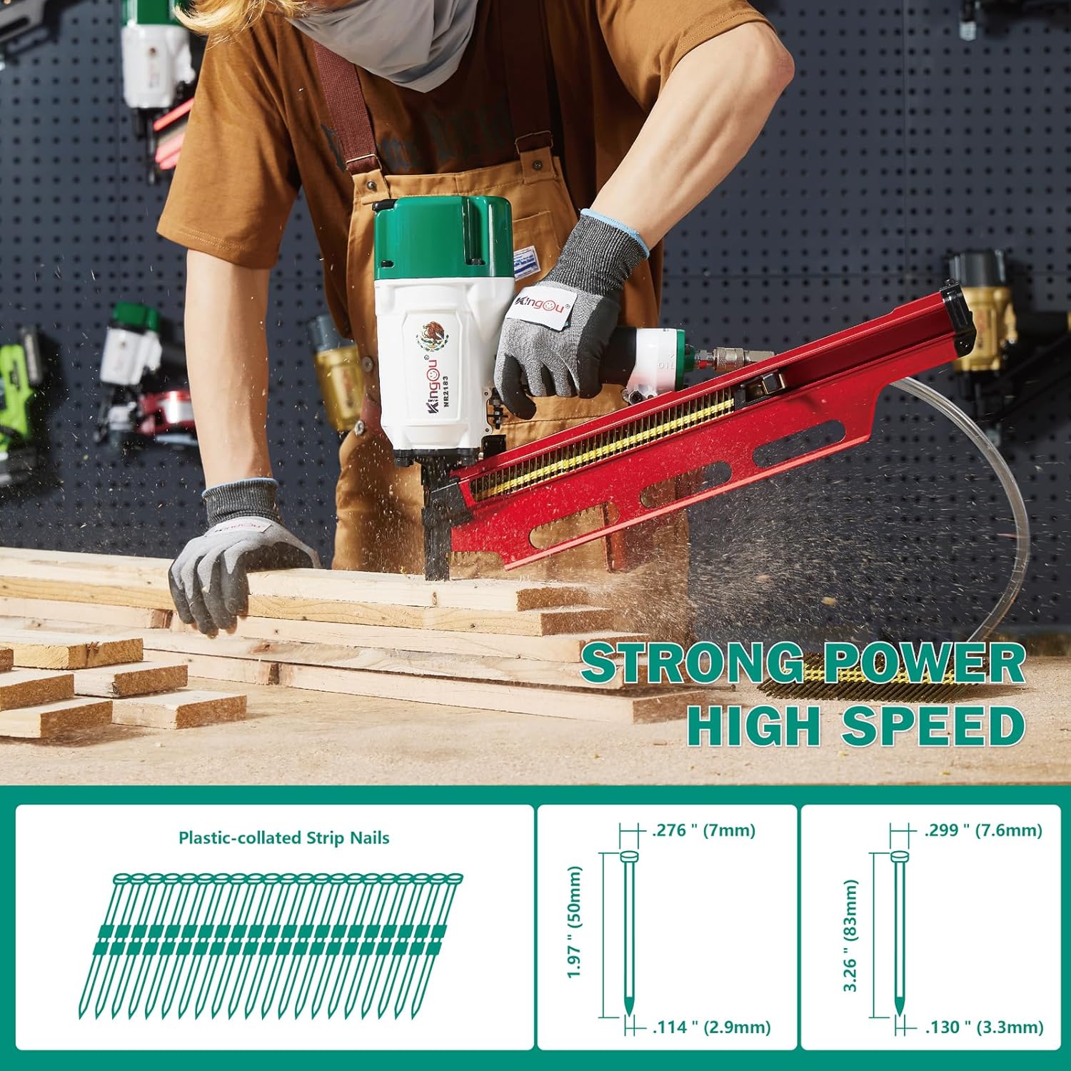 KingOu Mexican Style NR2183 21 Degree Aluminum Magazine Framing nail gun, Pneumatic Framing Nailer, 2-Inch up to 3-1/4-Inch Plastic Collated Full Head Framing Nails, Framing, Wooden House Building