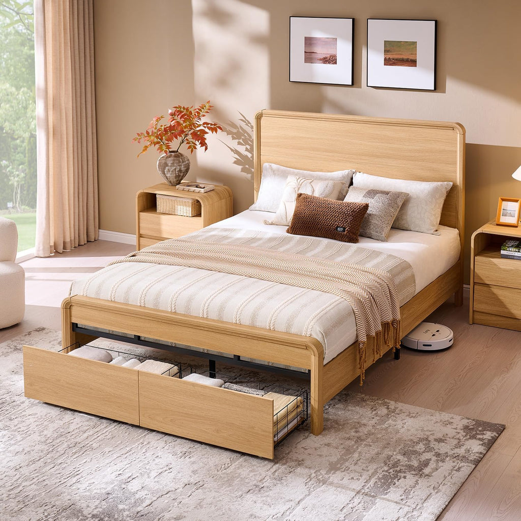 Aitjunz Modern Queen Size Bed Frame with 50' Tall Headboard, Wood Queen Size Platform Bed Frame w/3 Storage Drawers, Curved Profile Design, Wood & Steel Platform Bed, No Box Spring Needed, Natural Oak
