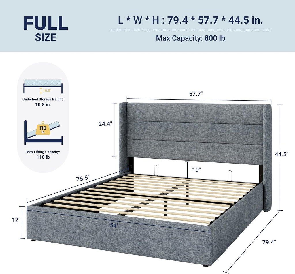 Allewie Full Size Lift Up Storage Bed, Modern Wingback Headboard, Hydraulic Support, No Box Spring Needed, Grey Blue