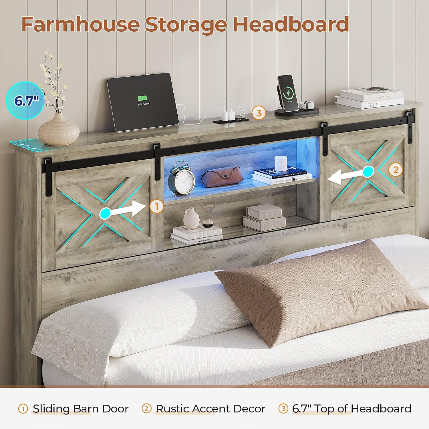 Hasuit Farmhouse Bed Frame King Size with 4 Storage Drawers, Wooden Platform King Beds with Charging Station and LED Lights, Rustic Bed with Storage Headboard and Sliding Barn Door