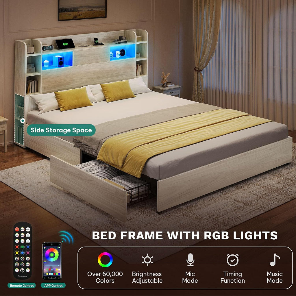 DWVO King Size Bed Frame with Bookcase Headboard and 4 Storage Drawers, RGB LED Bed Frame with Type-C & USB Charging Station Storage Headboard Bed, No Box Spring Needed, Noise Free, Antique White