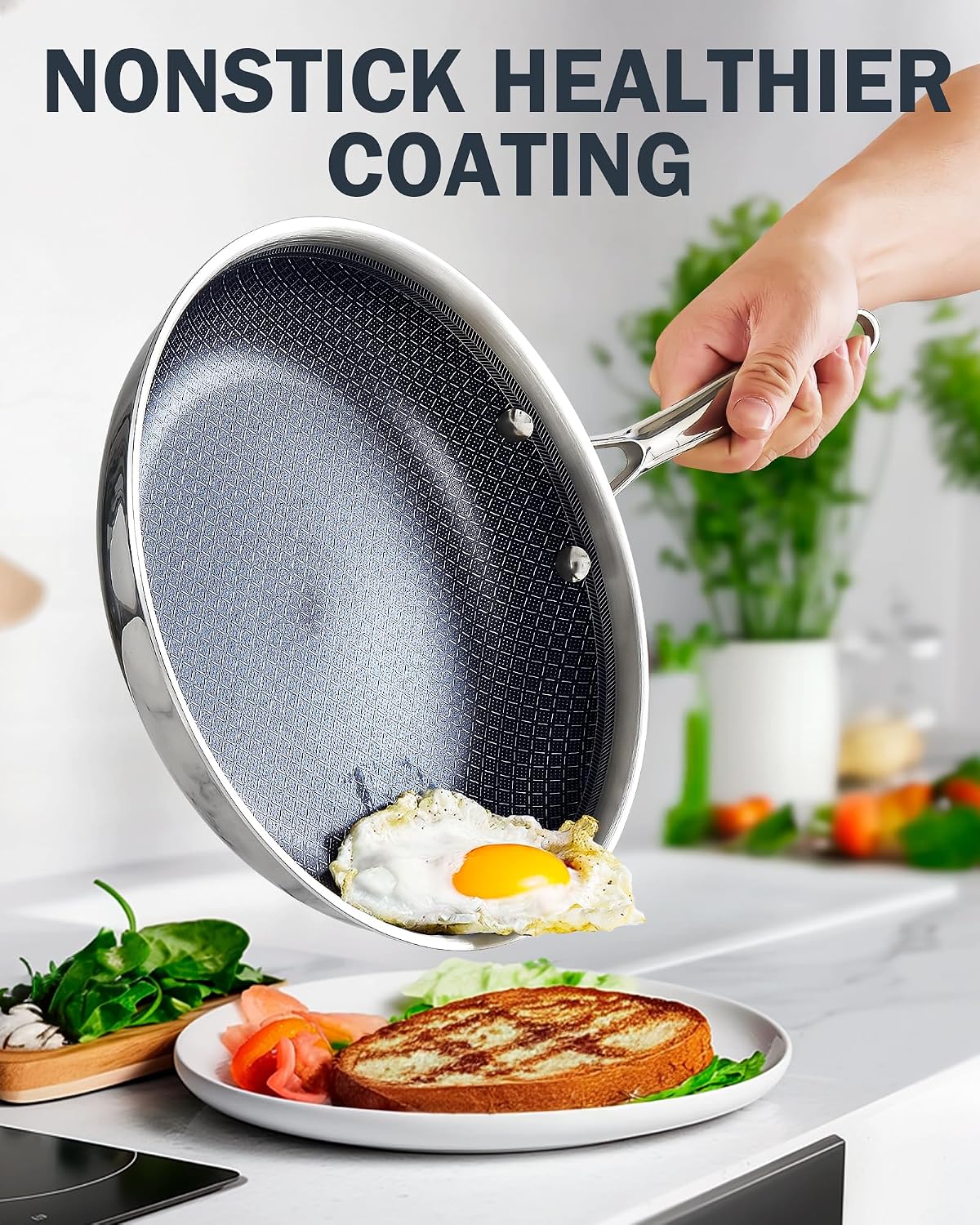 Cooks Standard Hybrid Mutli-Ply Clad 12 Inch Nonstick Frying Pan, Stainless Steel Skillet with Tempered Glass Lids, Cool Handle, Oven Safe, Compatible with All Stovetops