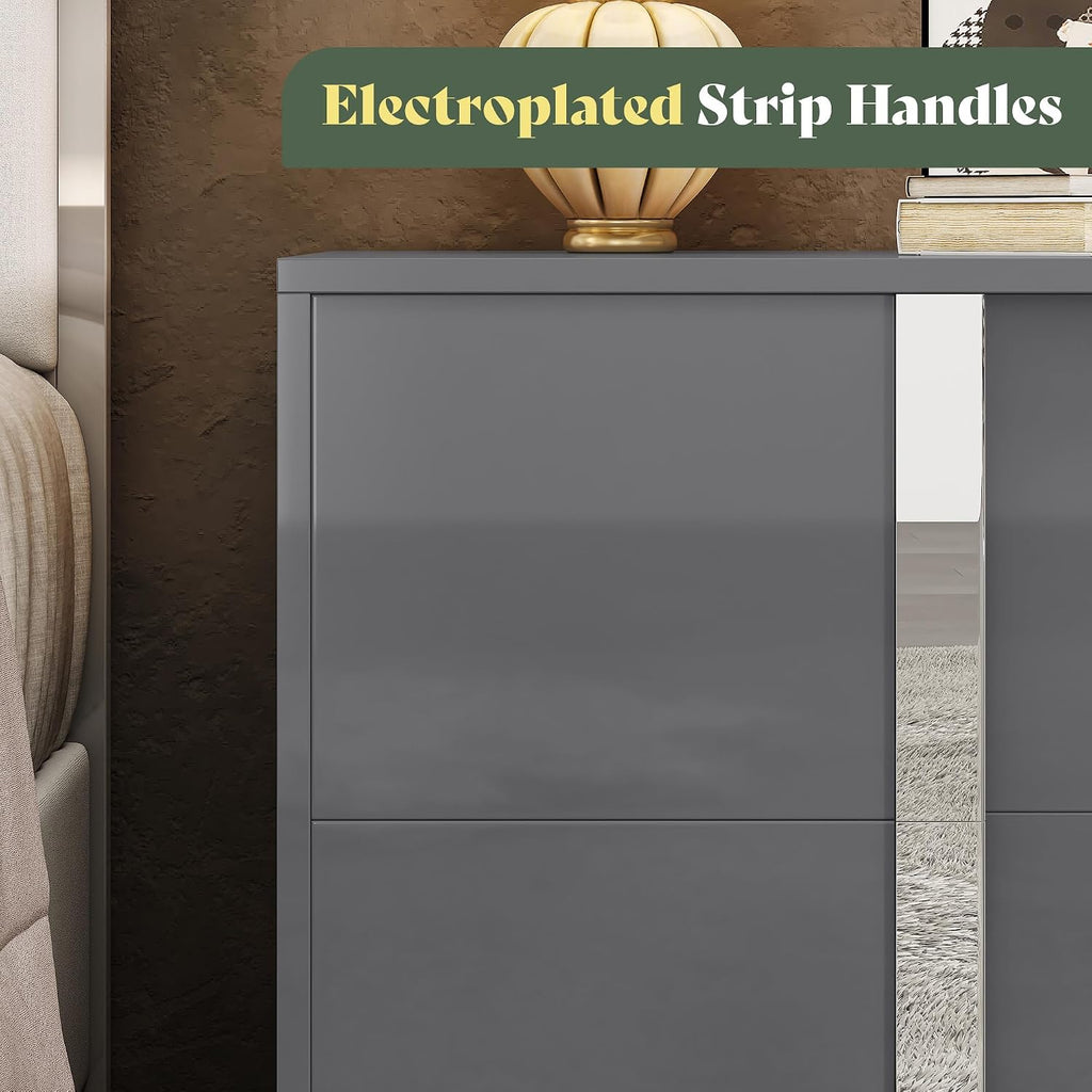 AMERLIFE 3 Piece Bedroom Set, Two 23.6' Nightstands & 6-Drawer Dresser, Silent Glide Drawers & Metal Handles, Modern High Gloss UV Finish, Dresser Set for Bedroom, Grey