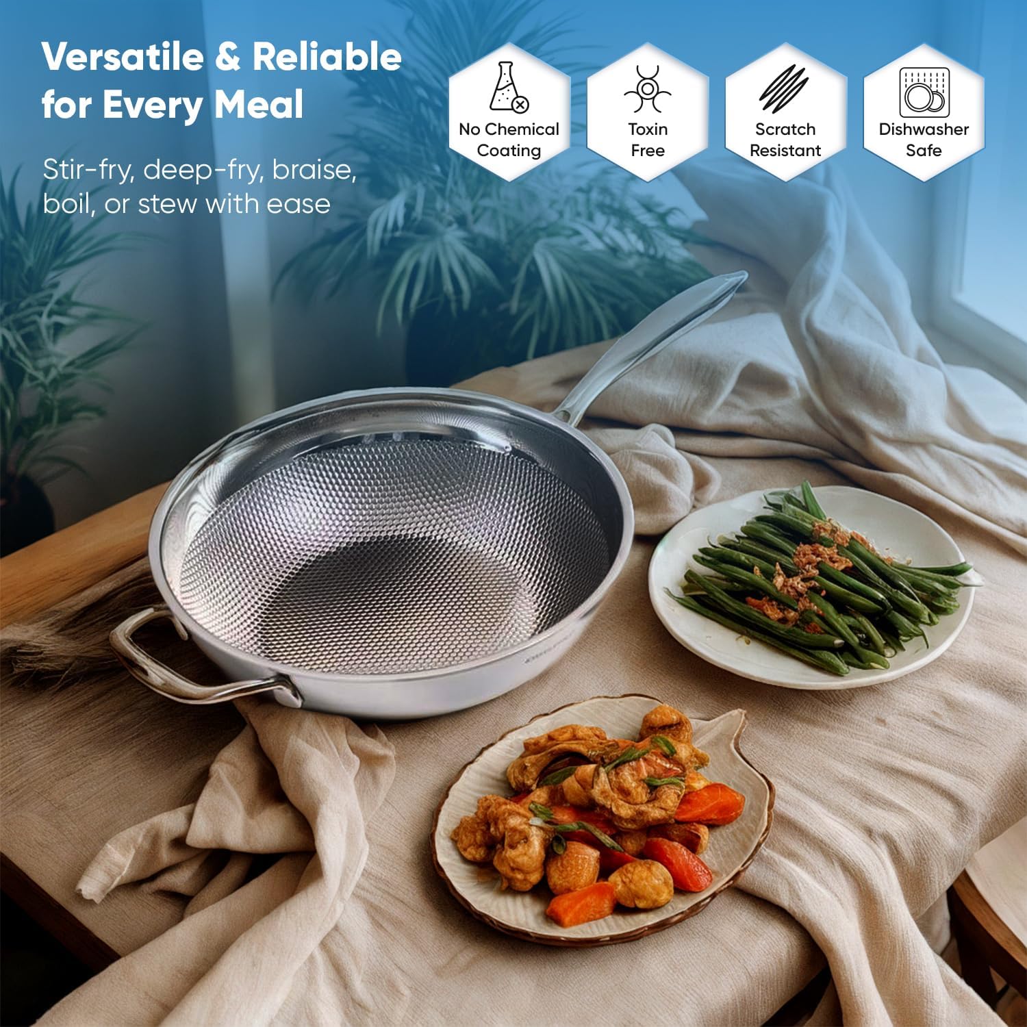 BUFFALO Honeycomb 3ply Stainless Steel Wok Pan 11 inch/28cm with Lid Flat Bottom - Coating-Free Non-stick Stir Fry Pan - Advanced, Scratch-Resistant Design with Stay-Cool Long Handle