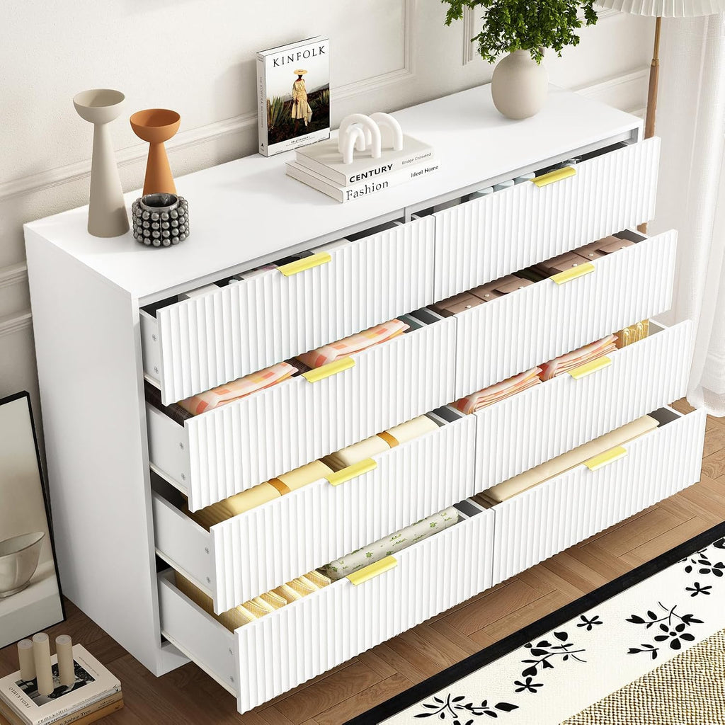 8 Drawer Dresser and Nightstand Sets for Bedroom, 3 Pcs Bedroom Set，Night Stand Set of 2 & 8 Drawer Dresser with Gold Handles, Modern Wood Chest of Drawers Storage Cabinet Set, White