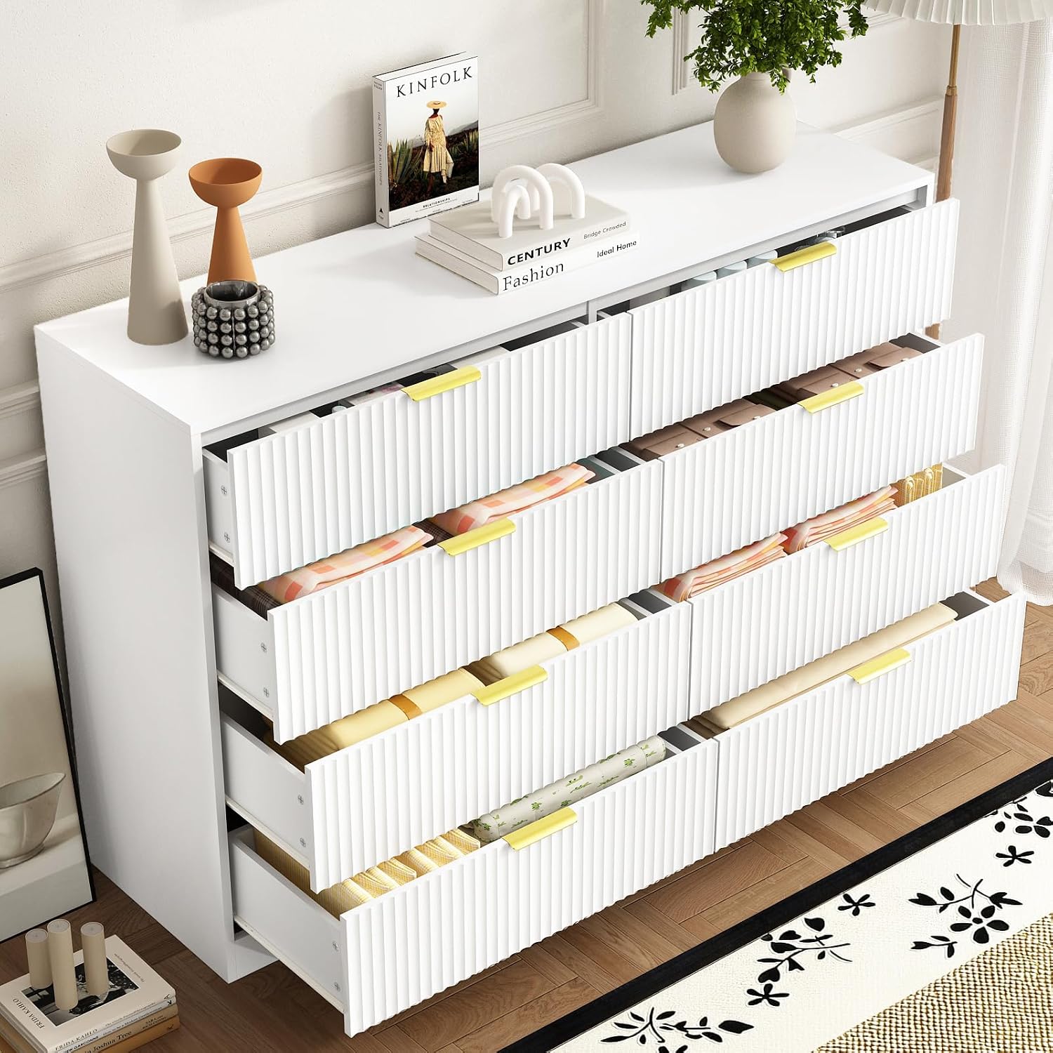 8 Drawer Dresser and Nightstand Sets for Bedroom, 3 Pcs Bedroom Set，Night Stand Set of 2 & 8 Drawer Dresser with Gold Handles, Modern Wood Chest of Drawers Storage Cabinet Set, White