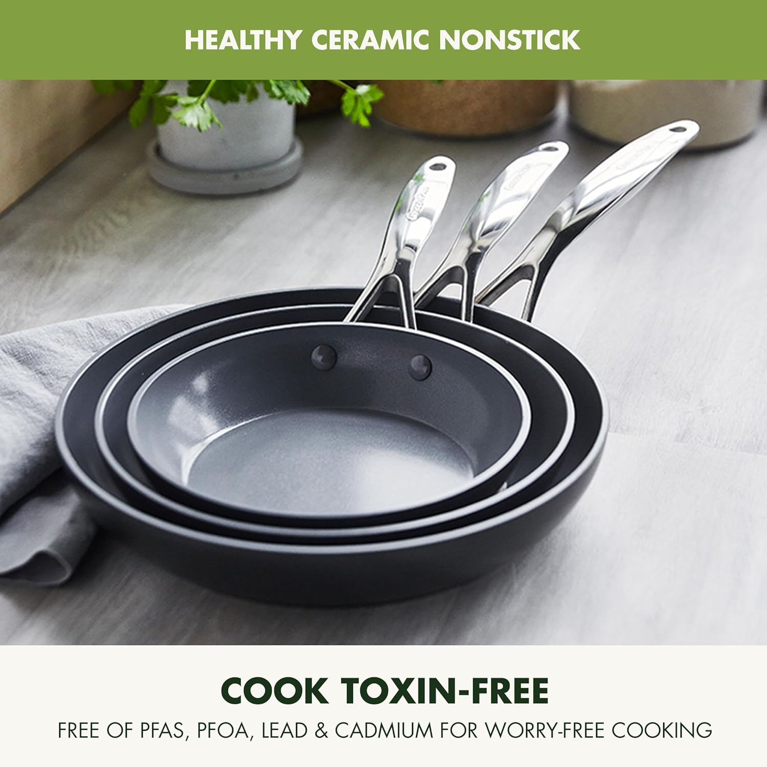 GreenPan Valencia Pro Ceramic Nonstick 8' 9.5' & 11' Fry Pan Skillet Set, Hard Anodized PFAS-Free, Induction Ready, Compatible on All Cooktops, Dishwasher Safe, Oven Safe to 600F, Gray