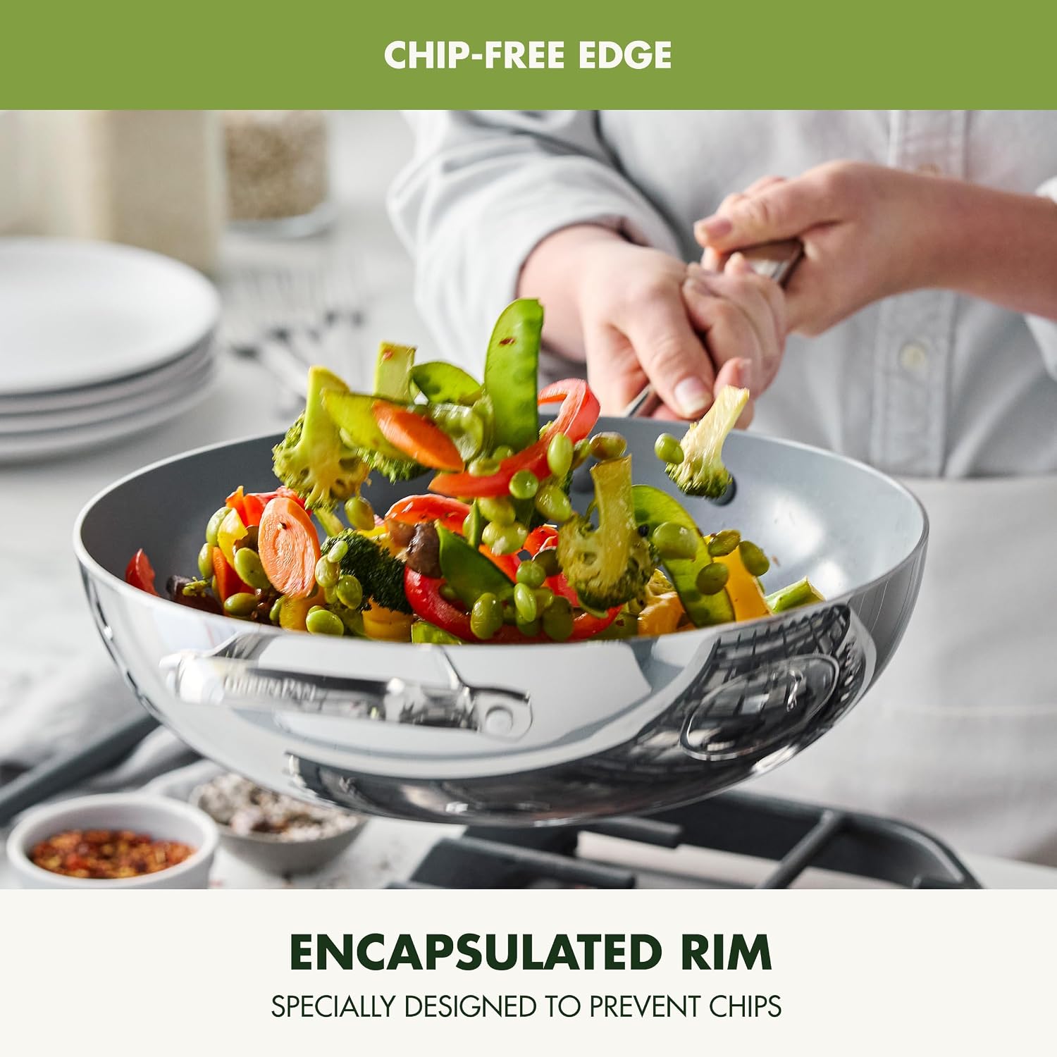 GreenPan Valencia Pro Tri-Ply Stainless Steel 12' Wok with Lid, PFAS-Free Ceramic Nonstick Coating, Induction Ready Cookware, All Cooktops, Dishwasher & Oven Safe to 600F