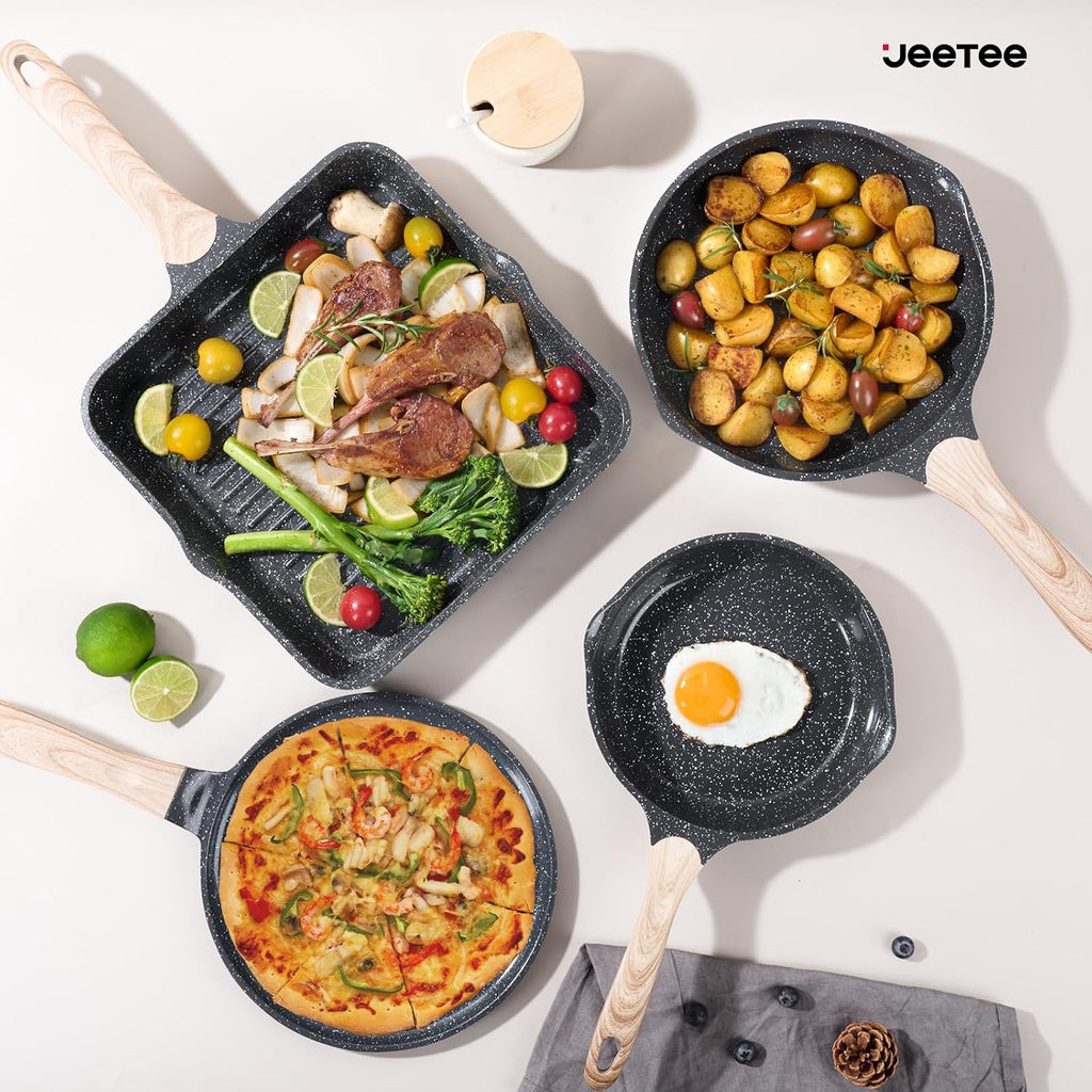 JEETEE 24Pcs Ceramic Cookware Set, Gray Pots and Pans Set Non Stick, Kitchen Healthy Non Toxic Induction Cookware Sets W/Saucepans, Sauté Pan, Griddle, Crepe Pan & Pancake Rake (PTFE, PFOSFree)