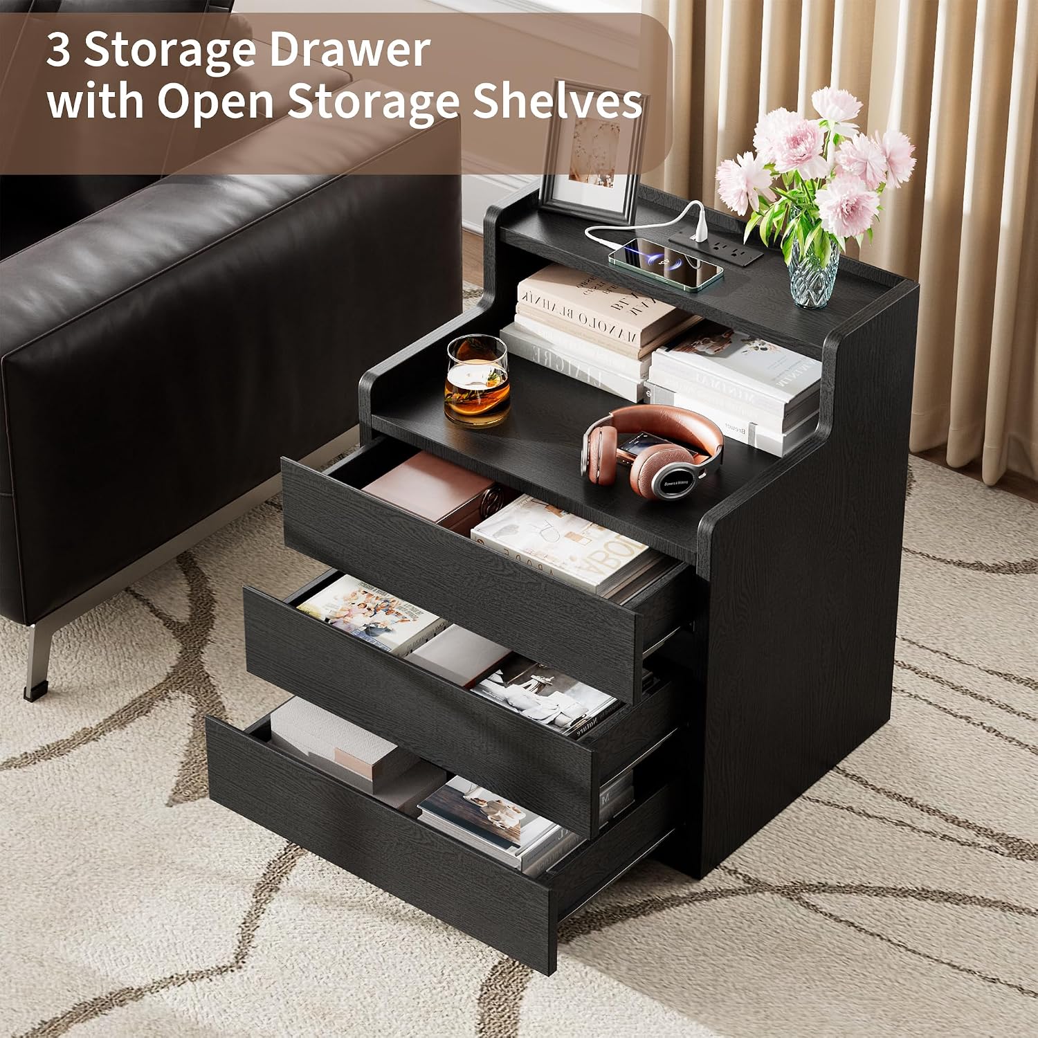 Rresyet Nightstand Set of 2, 26.8' Modern Black End Tables with Drawers & Built-in Charging Station for Bedroom, Upgraded Storage, Handle-Free Design