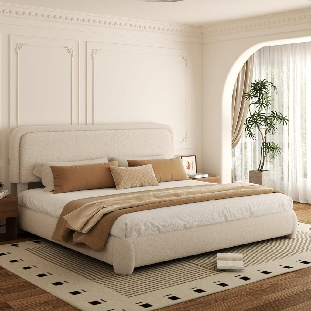 King Bed Frame, Teddy Velvet Boucle Bed Frame with 43.3'/45.3' Adjustable Upholstered Headboard, Rounded Corners, Mattress Foundation, No Box Spring Required, Beige