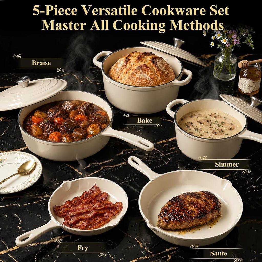 QuliMetal Nonstick Enameled Cast Iron Cookware Set, 5-Piece Pots and Pans Set with Lids, Skillet, Frying Pan, Saucepan & Dutch Oven for All Stovetops, PFOA Free, Ideal for Sourdough Bread Baking