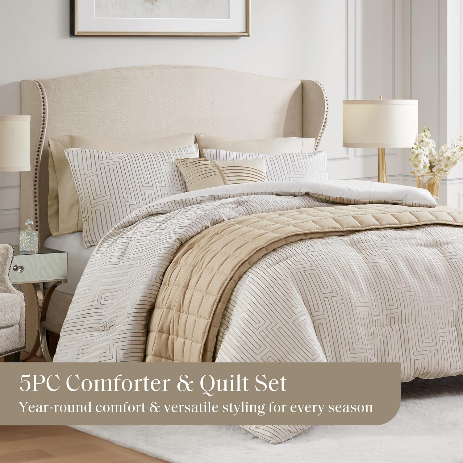 Madison Park King Comforter Set Jacquard Metallic Thread Comforters, All Season Comforter & Quilt Bedding Set King Size Comforter, Decor Pillows, Shams, Royce, King Ivory 5 Piece