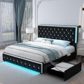 SIBEDS Queen LED Bed Frame with 2 Drawers, Storage Platform Beds with Upholstered Crystal Button Tufted Headboard Footboard, 2 Side Pockets, No Box Spring Needed, PU Black