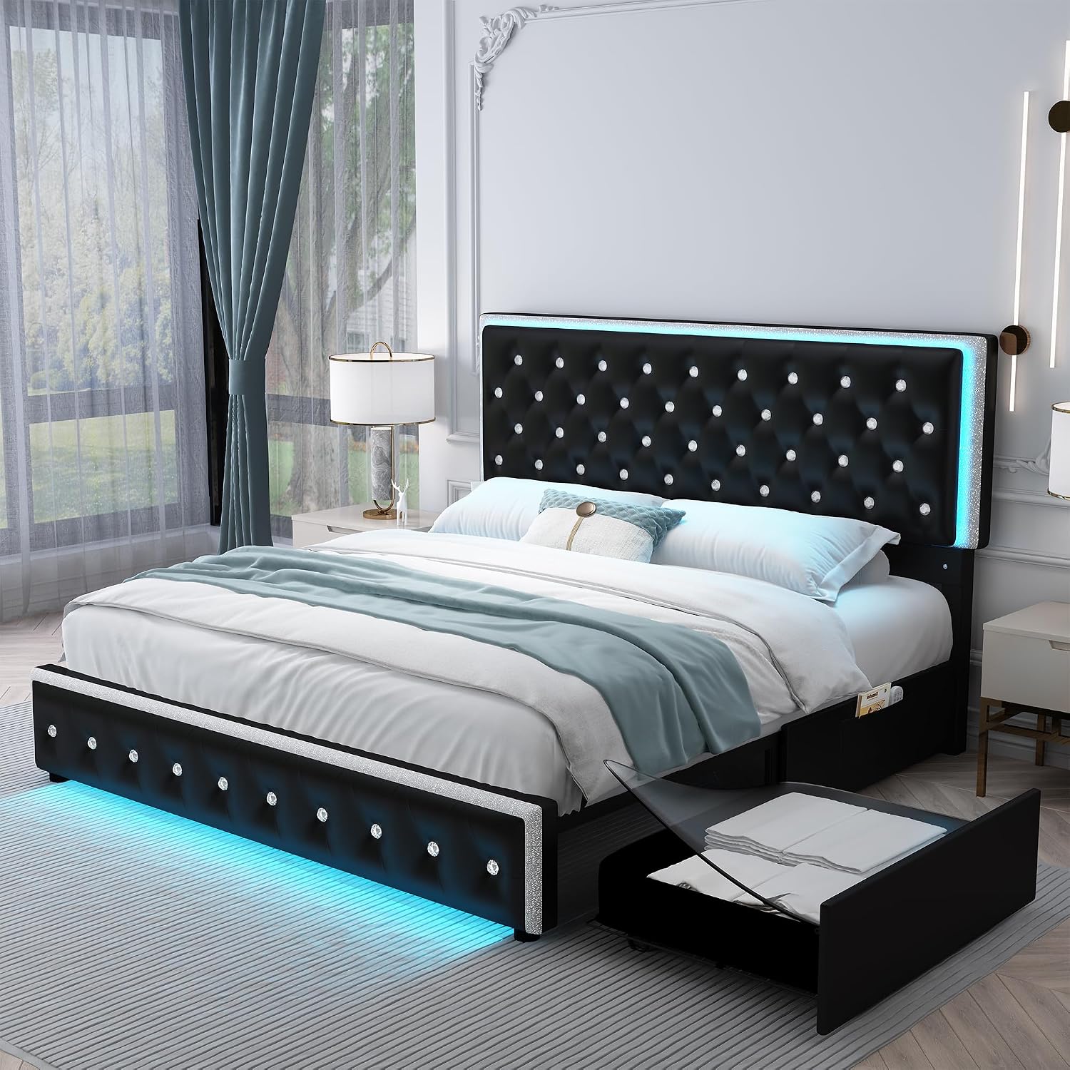SIBEDS Queen LED Bed Frame with 2 Drawers, Storage Platform Beds with Upholstered Crystal Button Tufted Headboard Footboard, 2 Side Pockets, No Box Spring Needed, PU Black