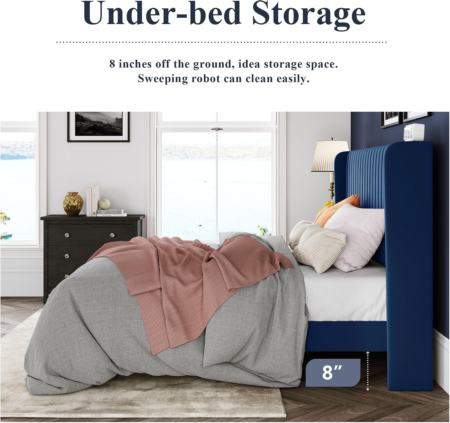 Allewie Queen Size Velvet Bed Frame/Vertical Channel Tufted Wingback Headboard/Upholstered Platform Bed/Strong Wooden Slats/No Box Spring Needed/Easy Assembly/Dark Blue