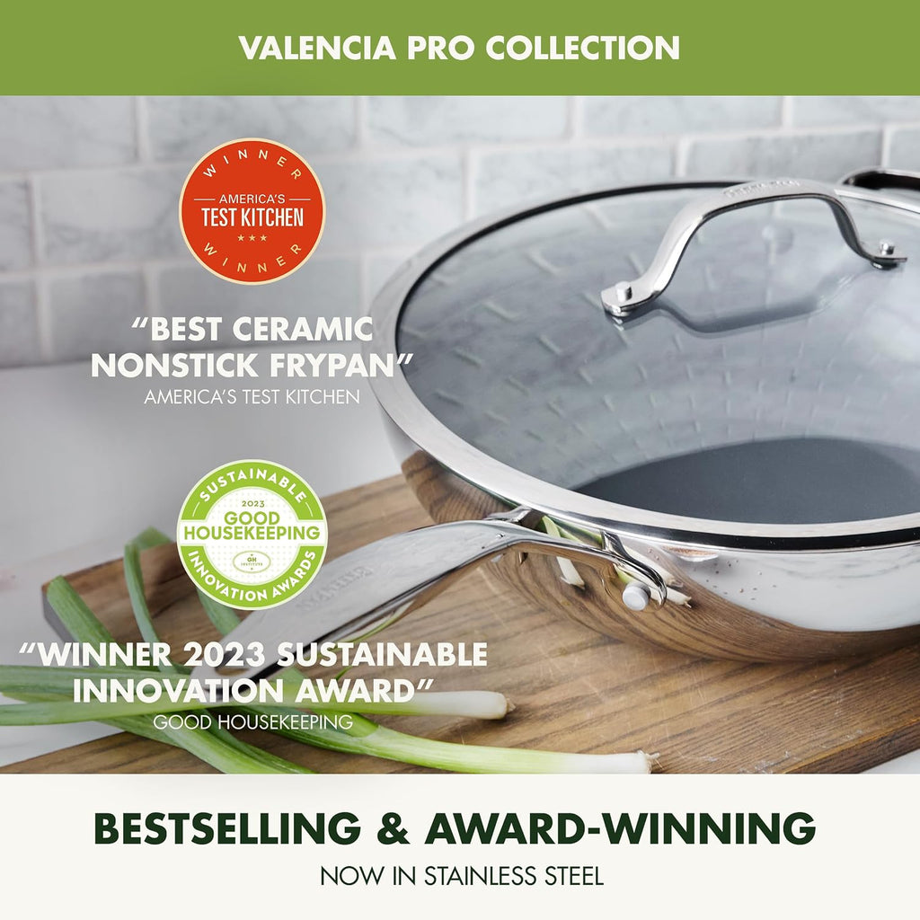 GreenPan Valencia Pro Tri-Ply Stainless Steel 12' Wok with Lid, PFAS-Free Ceramic Nonstick Coating, Induction Ready Cookware, All Cooktops, Dishwasher & Oven Safe to 600F