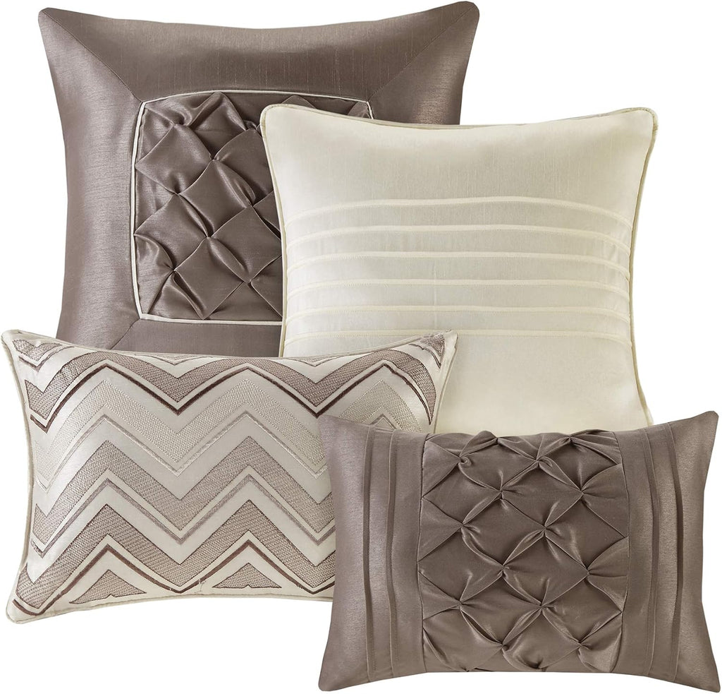 Madison Park Essentials Room in a Bag Faux Silk Comforter Set - Luxe Diamond Tufting All Season Bedding, Matching Curtains, Decorative Pillows, Ivory Queen(90'x90') 24 Piece