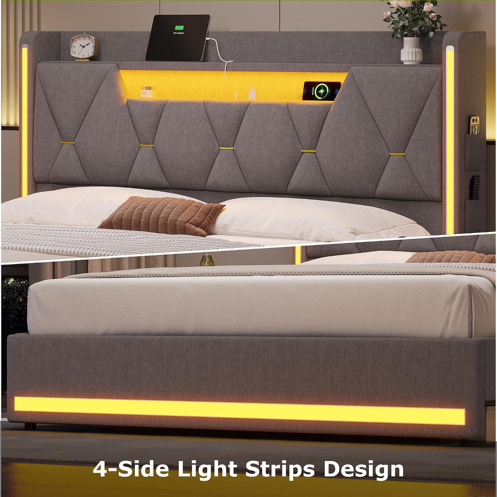 busyaeh Queen Bed Frame with Storage Headboard and LED Lights, Metal Platform Bed Frame Queen Size with Charging Station, No Box Spring Needed, Upholstered Marshmallow Headboard, 1200lbs, Dark Gray