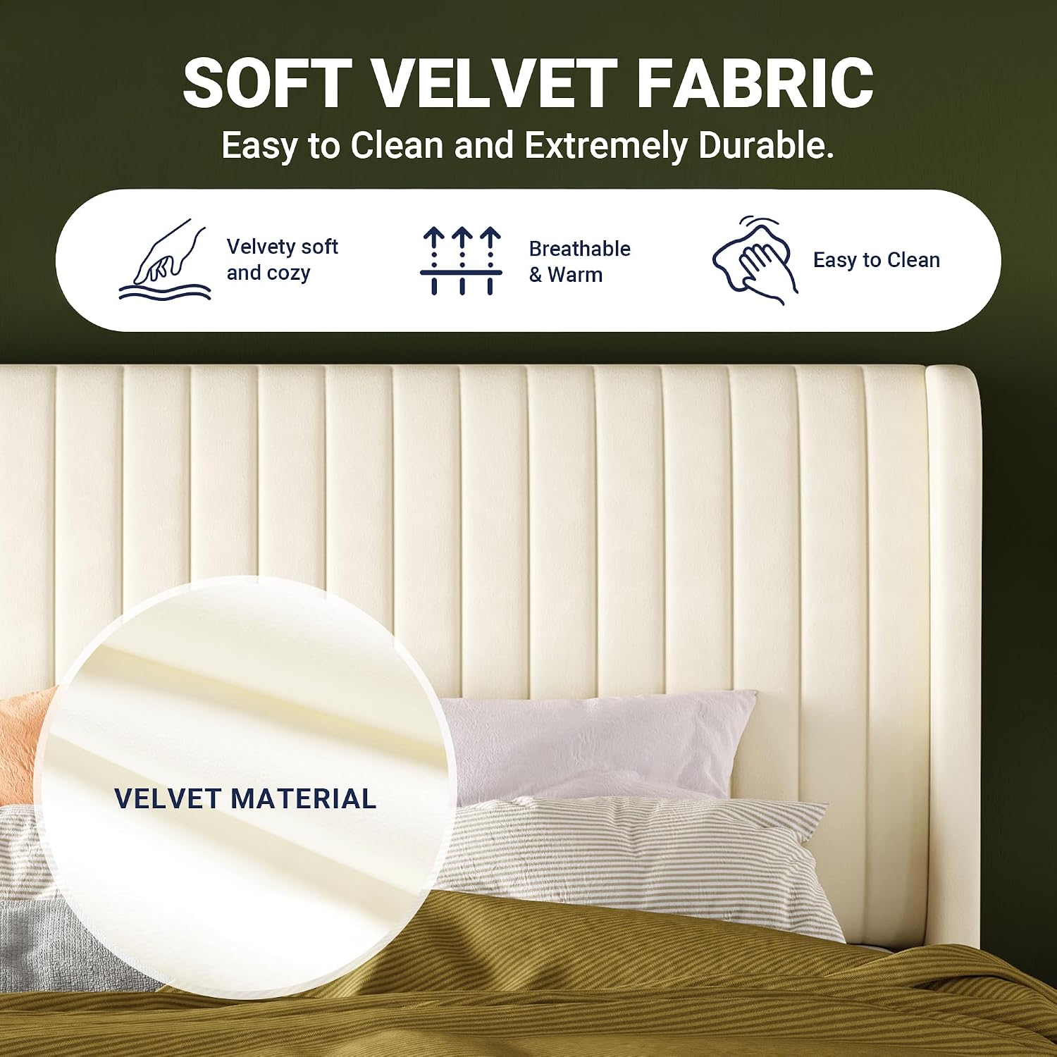 Allewie Queen Size Velvet Bed Frame/Vertical Channel Tufted Wingback Headboard/Upholstered Platform Bed/Strong Wooden Slats/No Box Spring Needed/Easy Assembly/Cream White