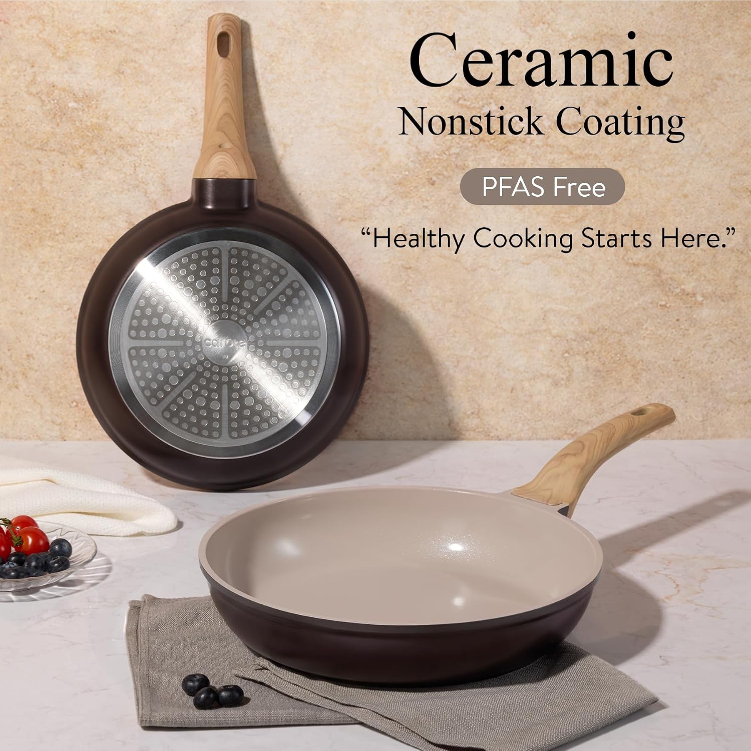 CAROTE 21 PCS Ceramic Cookware Set, Pots and Pans Set Non Stick, Pot and Pan Set with Frying Pan, Induction Ready Cooking Set for Kitchen, PFOS/PFOA/PFAS Free, Brown