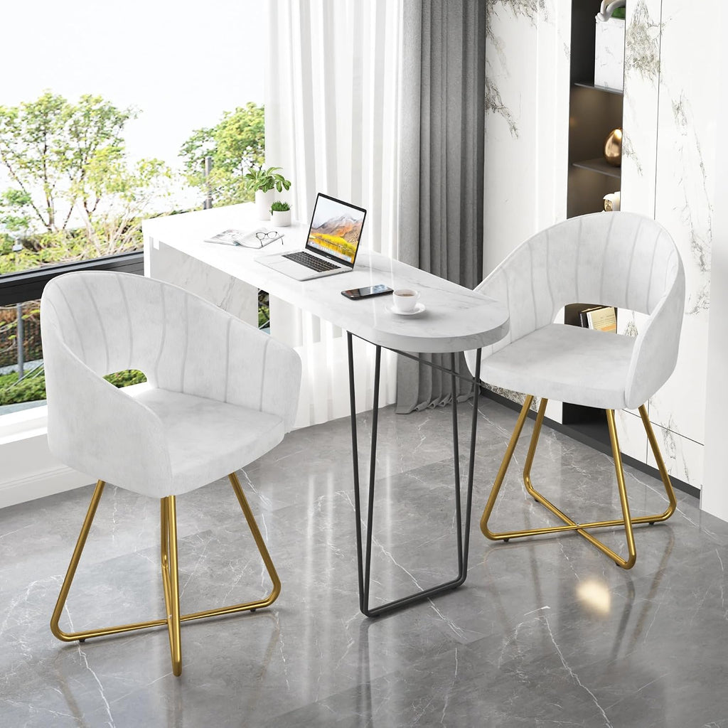 VECELO Velvet Accent Chair Set of 2, Luxury Vanity & Dining Chair with Gold Cross Base, 360°Swivel Upholstered Armchair for Living Room, Bedroom, Home Office, Pearl White