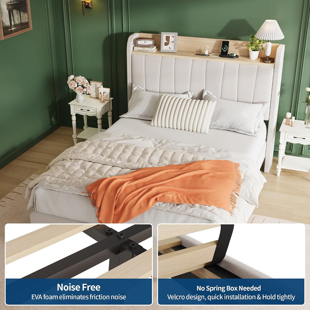 GarveeHome Twin Size Bed Frame with Storage Headboard and Charging Station, Upholstered Platform Bed Frame with Drawers, Heavy Duty, No Box Spring Needed, Easy Assembly, Beige