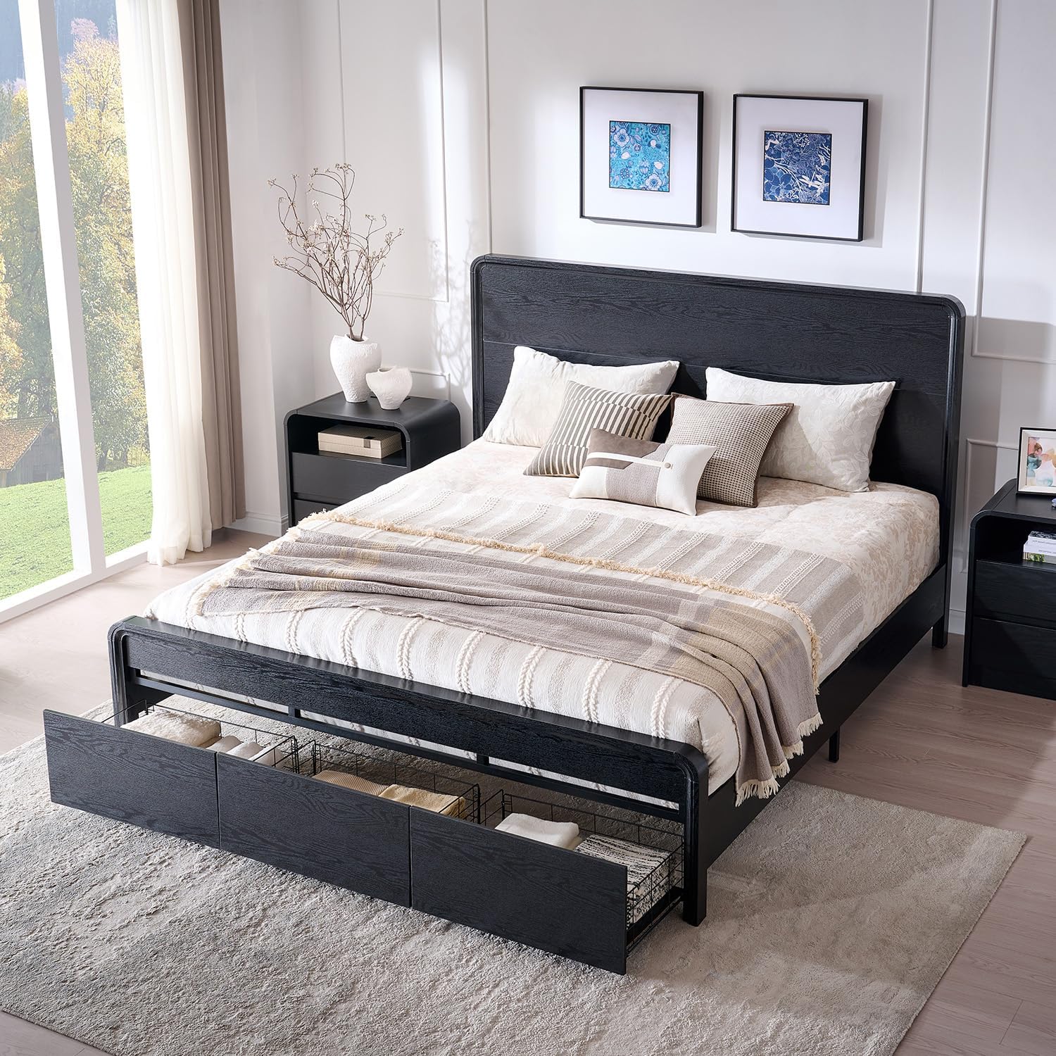 Aitjunz Modern King Size Bed Frame with 50' Tall Headboard, Wood King Size Platform Bed Frame w/3 Storage Drawers, Curved Profile Design, Wood & Steel Platform Bed, No Box Spring Needed, Black