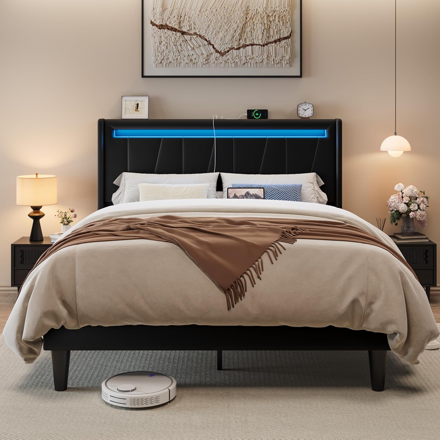 Allewie Queen Size LED Bed Frame with Charging Station, Velvet Upholstered Platform Bed with Geometric Wingback Headboard, Modern Frame with No Box Spring Needed, Easy Assembly, Black