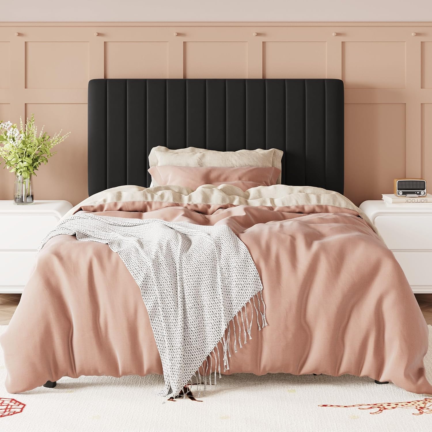 Allewie Twin Bed Frame, Velvet Upholstered Platform Bed with Adjustable Vertical Channel Tufted Headboard, Mattress Foundation with Strong Wooden Slats, Box Spring Optional, Easy Assembly, Black