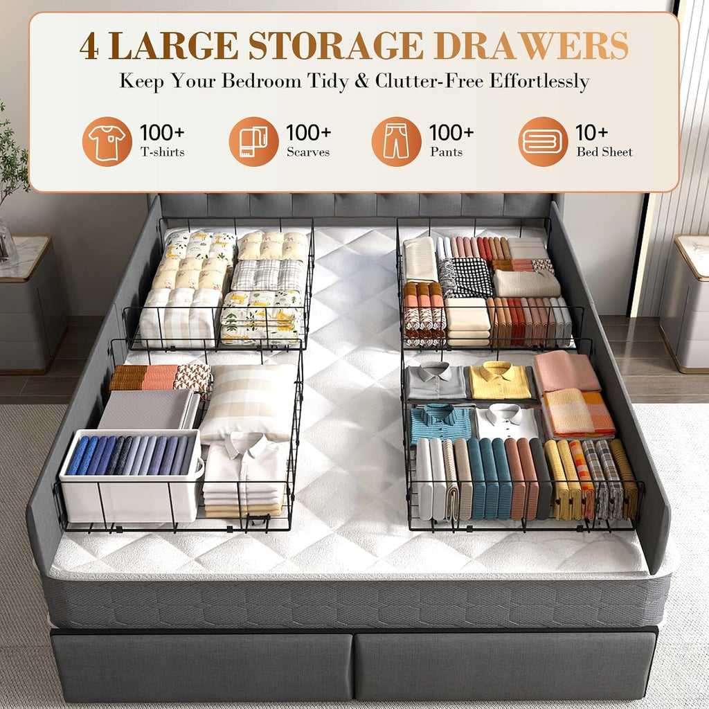 Doltoro Full Bed Frame with Storage Headboard and 4 Drawers, Upholstered Platform Bed Frame with Charging Station & LED Lights, Noise-Free, No Box Spring Needed, Easy Assembly, Gray